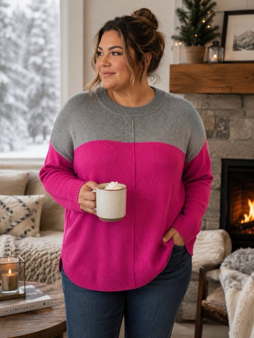 Vince Camuto Womens Colorblock Sweater Gray Pink Knit Pullover Plus Size 1X